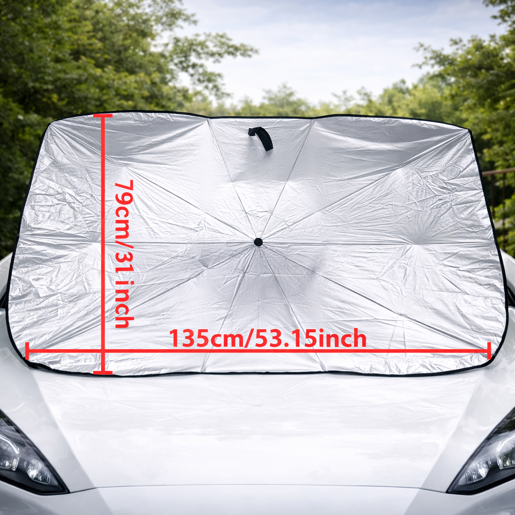 Parasole auto a ombrello argento con bordo nero, misura 135 cm, pieghe compatte