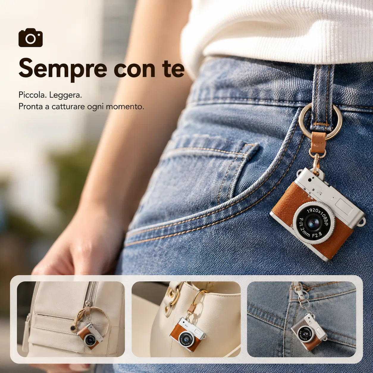 Mini fotocamera portachiavi retrò marrone con gancio e cordino, appesa a jeans.