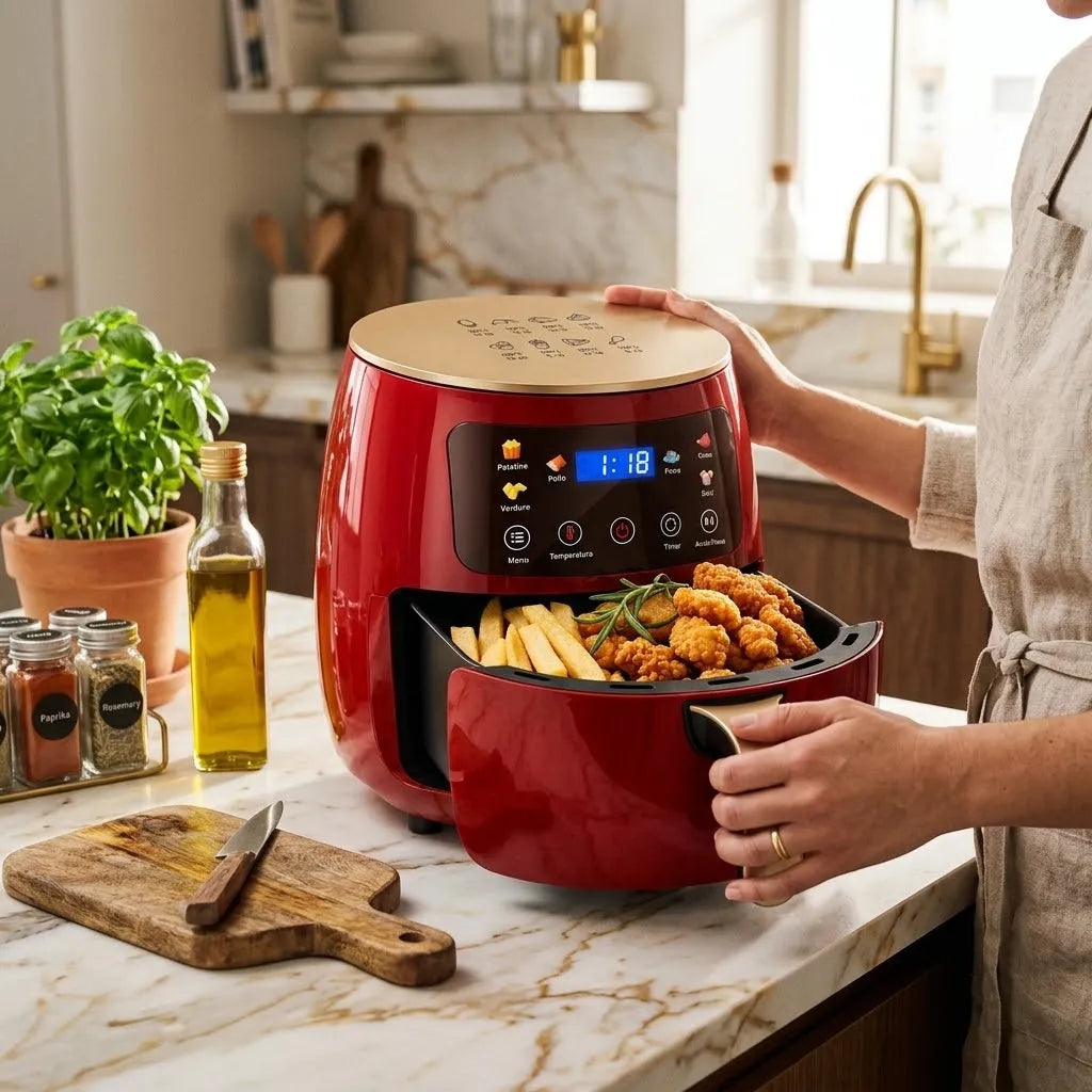 Friggitrice ad aria 8L rossa con display LED touch e cestello estraibile antiaderente