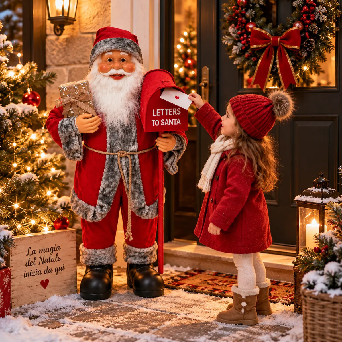 Babbo Natale rosso con casetta postale “LETTERS TO SANTA” e bimba in abito rosso