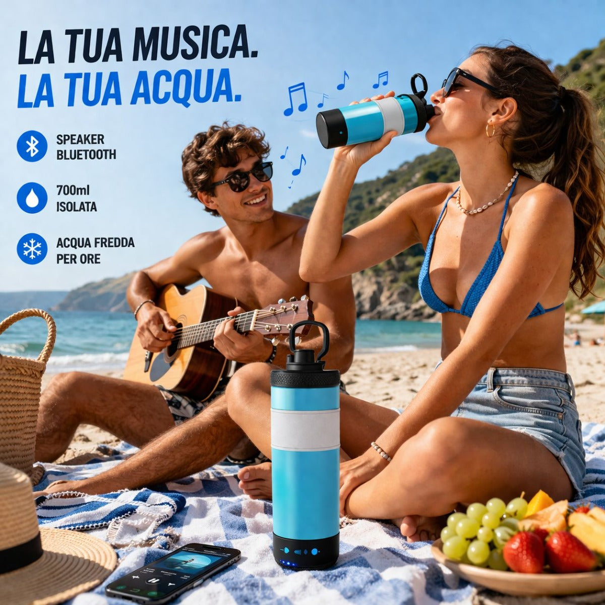 Borraccia termica blu con fascia bianca e speaker Bluetooth integrato, bocchetta superiore