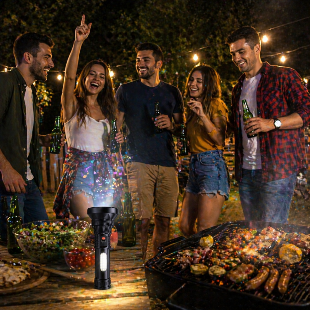 Torcia LED Ricaricabile con Speaker Bluetooth Integrato – Luce Potente + Musica | Micro SD | USB | Multifunzione Outdoor