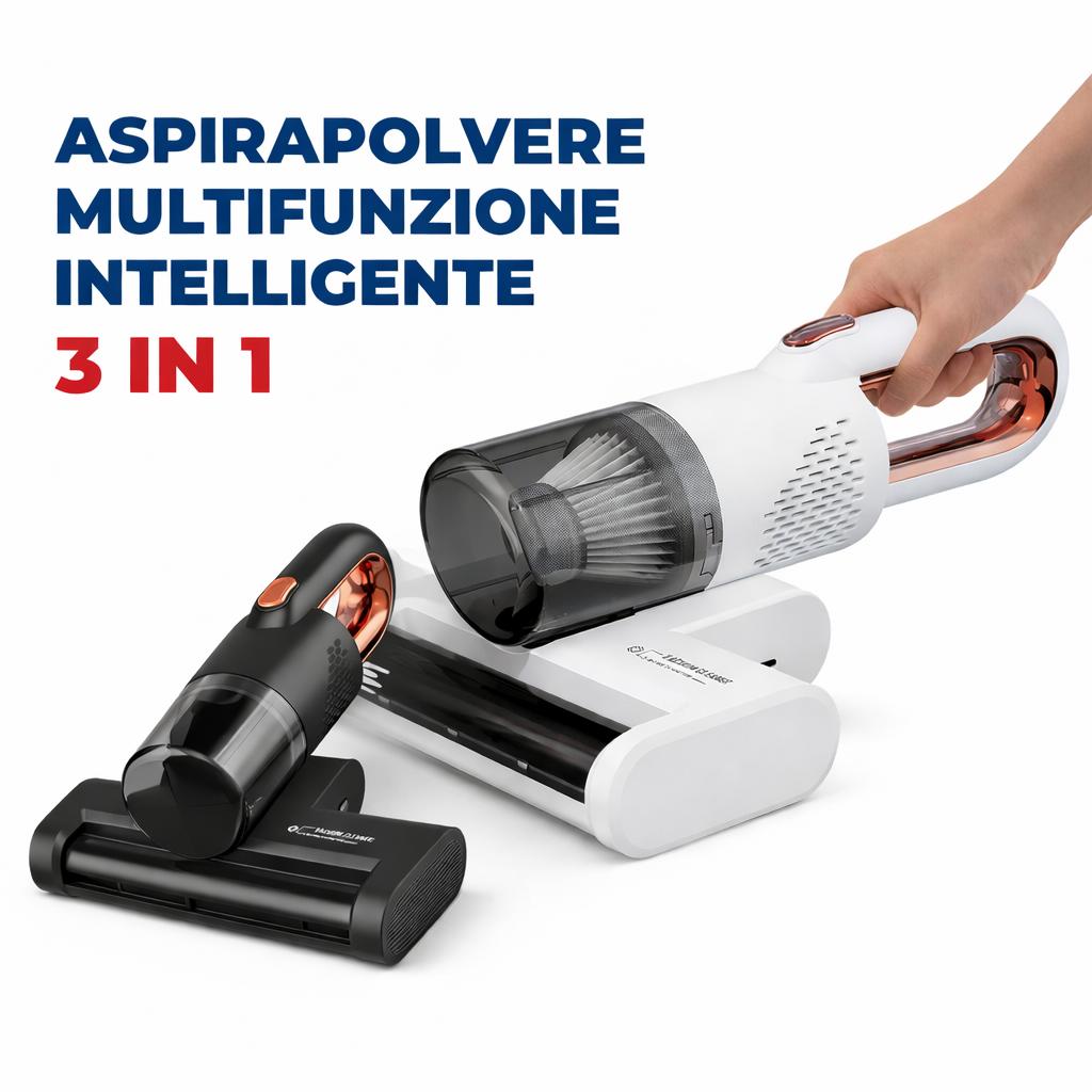 Aspirapolvere portatile 3 in 1 bianco e grigio, attacco a spazzola, serbatoio trasparente