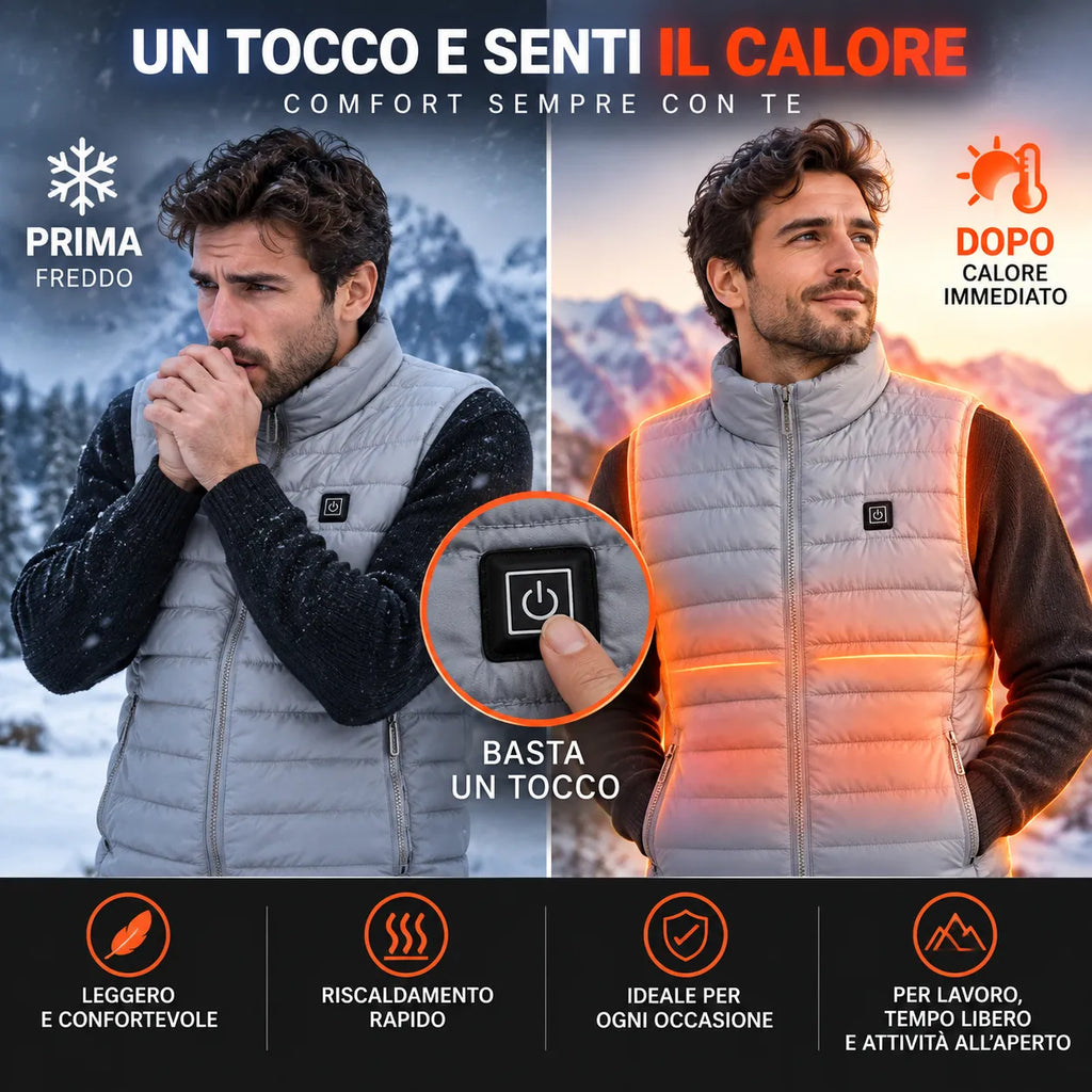 Gilet riscaldante imbottito con pannelli calore arancioni accesi e chiusura zip frontale