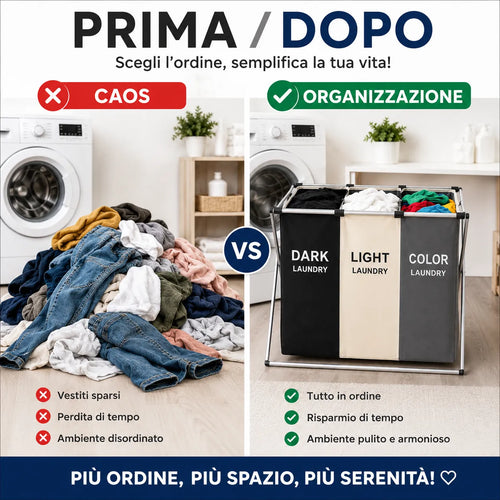 Cesto portabiancheria pieghevole a 3 scomparti con telaio metallico, tessuto nero e grigio.