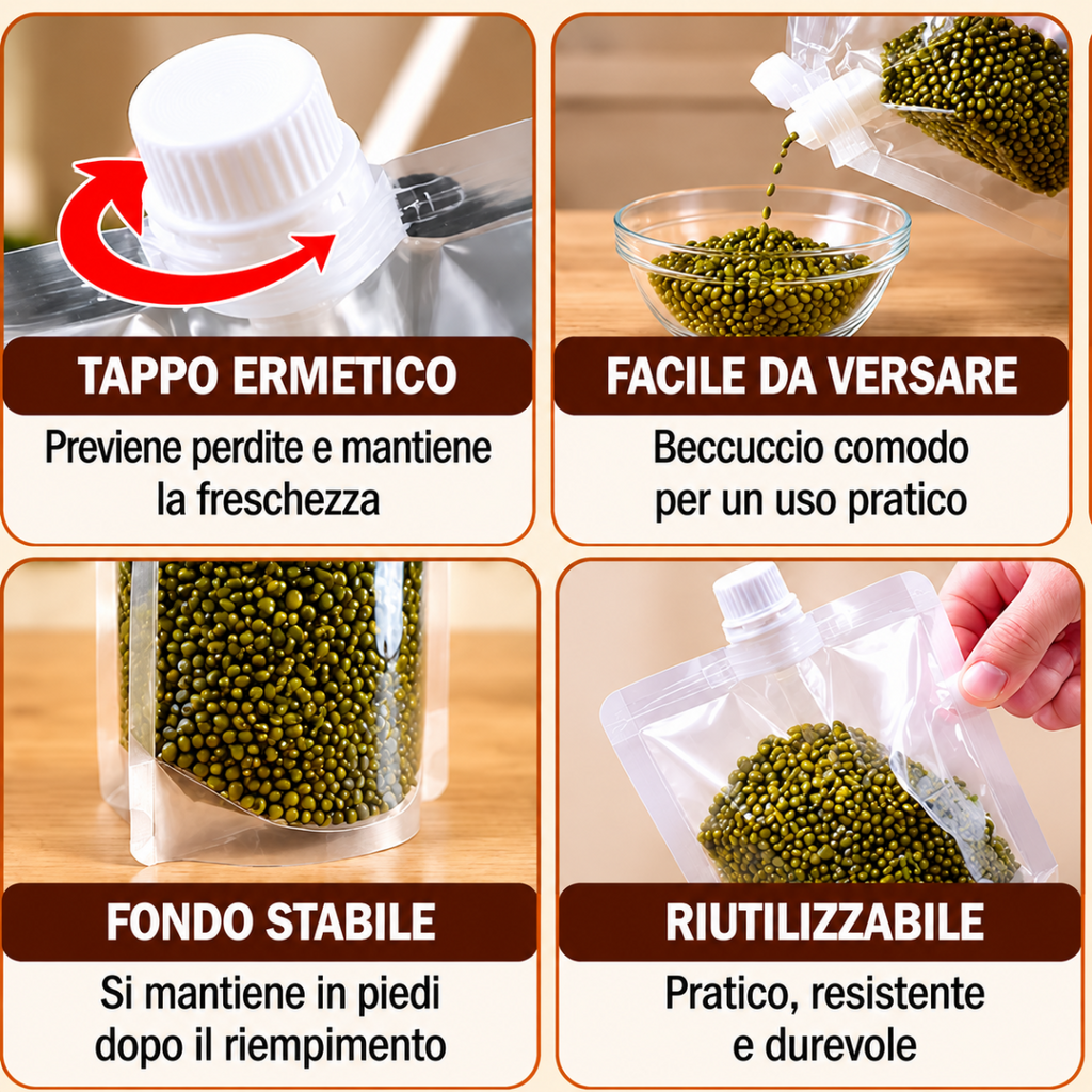 Sacchetti salvaspazio con tappo ermetico e beccuccio, riempiti con piselli verdi