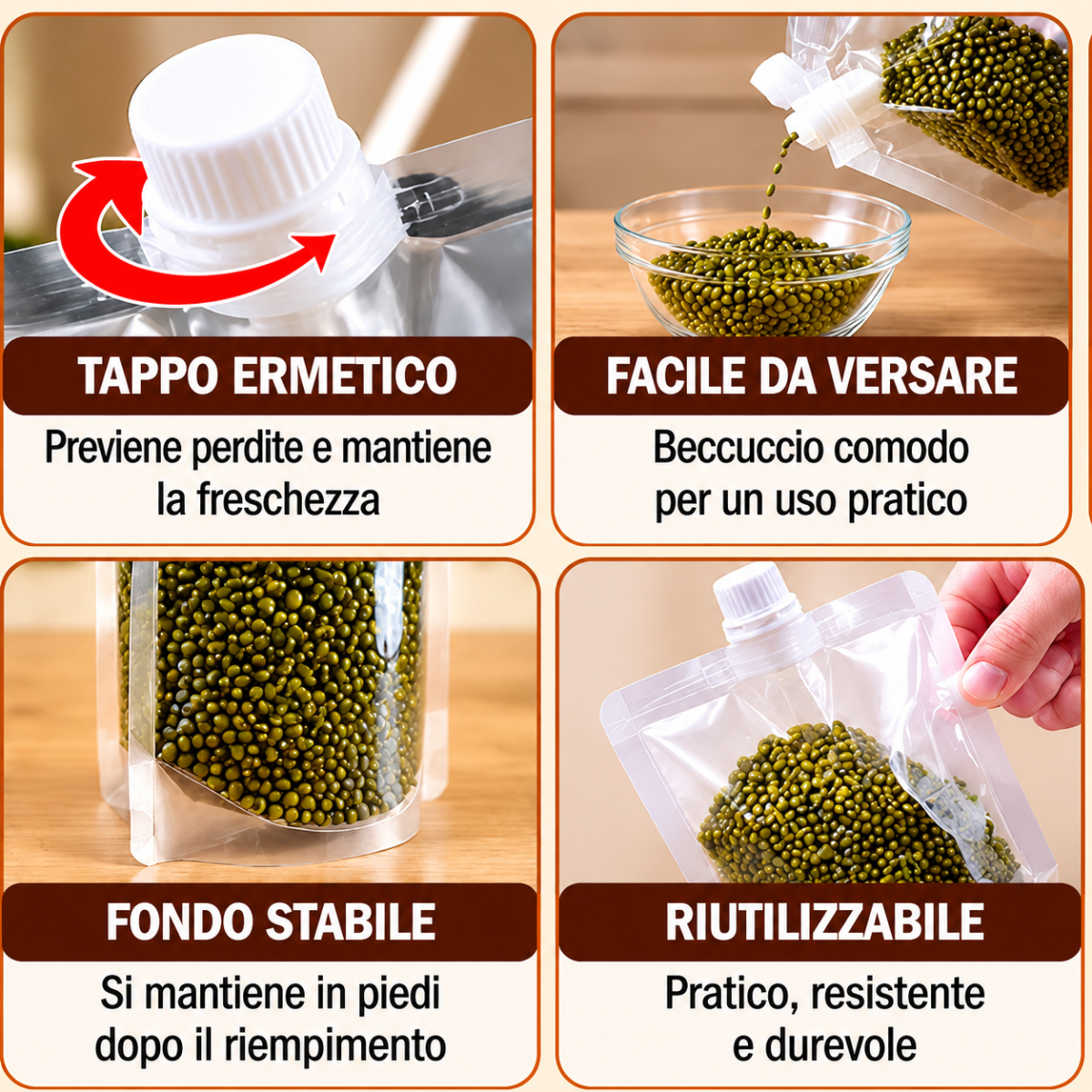 Sacchetti salvaspazio con tappo ermetico e beccuccio, riempiti con piselli verdi