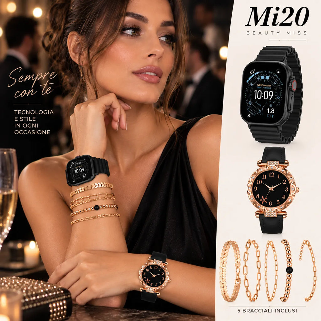 Orologio smart nero e orologio analogico rosé con 5 bracciali dorati