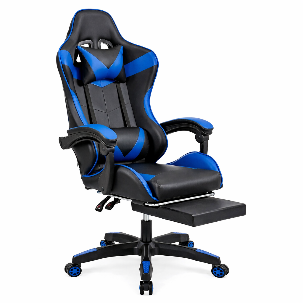 Poltrona gaming ergonomica reclinabile blu e nera con poggiapiedi e cuscini lombare/cervicale
