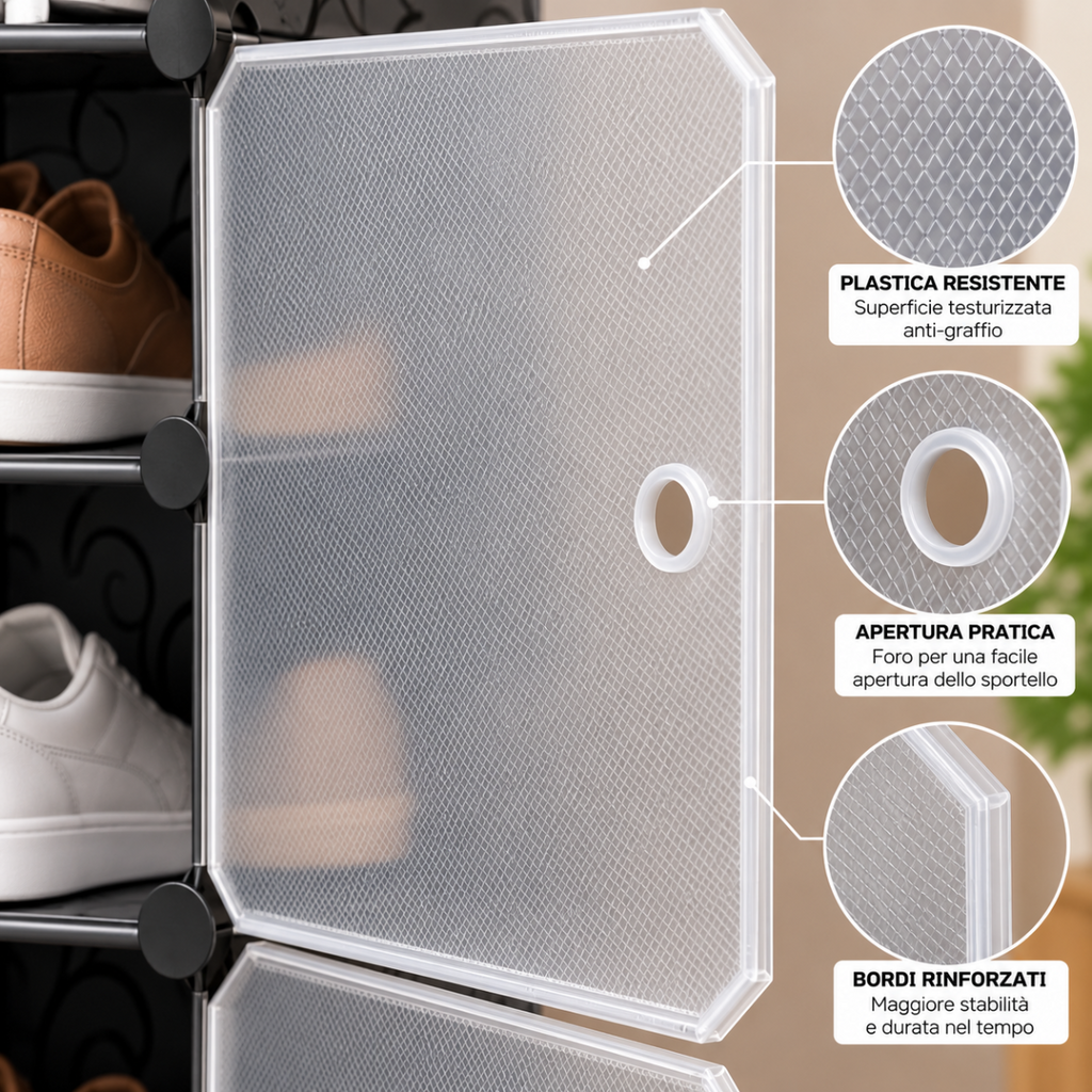 Anta semitrasparente in plastica resistente, bordi rinforzati e apertura pratica