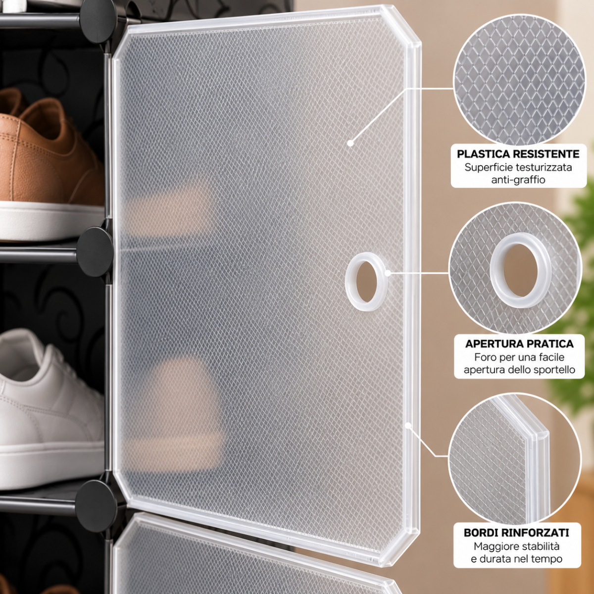 Anta semitrasparente in plastica resistente, bordi rinforzati e apertura pratica