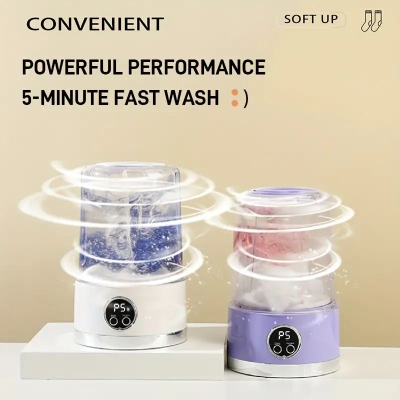 Mini lavatrice portatile compatta bianca e viola, coperchi trasparenti e display P5
