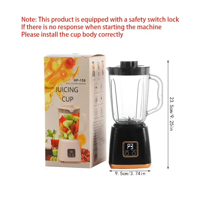 Frullatore portatile USB con caraffa trasparente e base nera, con confezione a lato