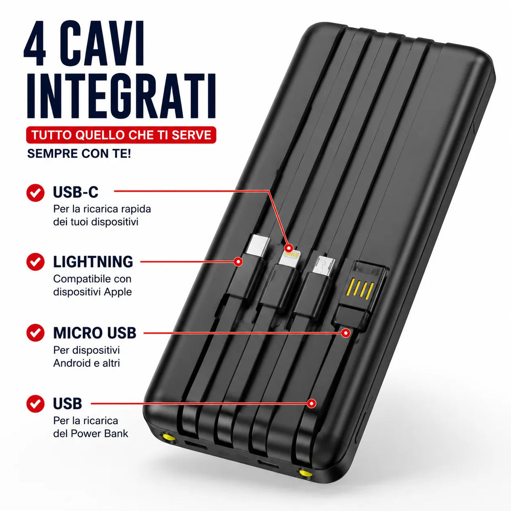Power bank nero con quattro cavi integrati USB-C, Lightning, micro USB e USB