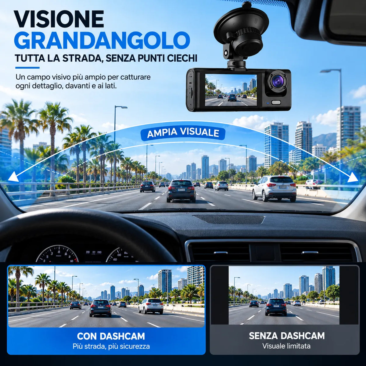 Dash cam auto con ampia visuale grandangolo e display