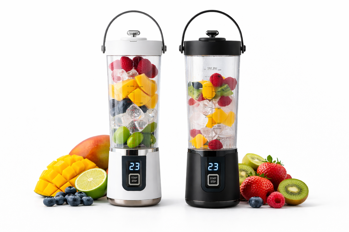 Frullatore portatile 500 ml con display e lame inox, bicchiere trasparente, coperchio argento