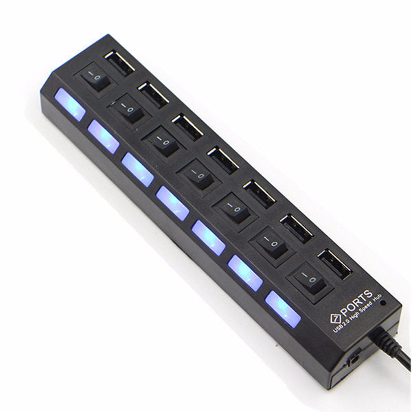 Hub USB 2.0 a 7 porte con LED blu, interruttori e cavo, nero