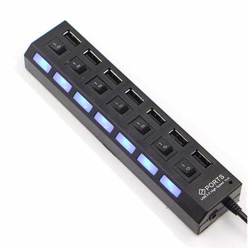 Hub USB 2.0 a 7 porte con LED blu, interruttori e cavo, nero