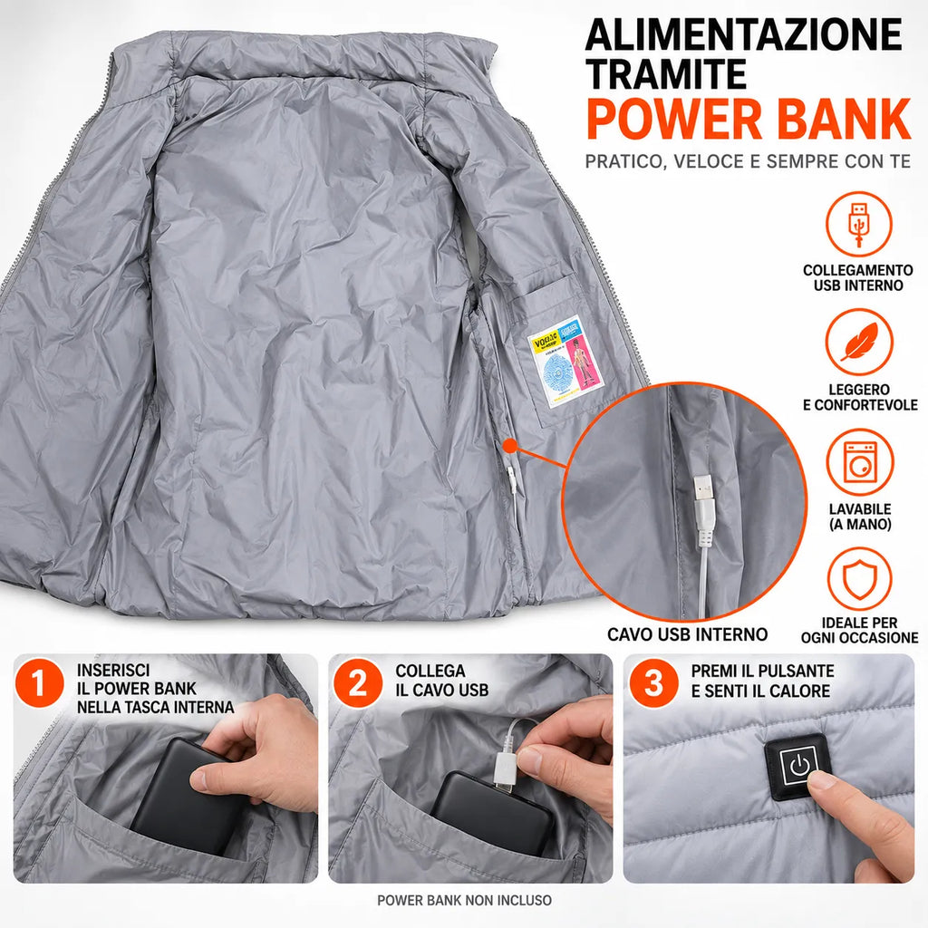 Gilet riscaldante grigio: vano interno con cavo USB, tessuto imbottito e cuciture