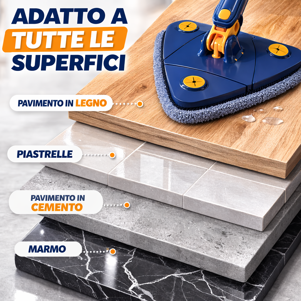 Mocio triangolare rotante blu con panno grigio e strizzatore arancione