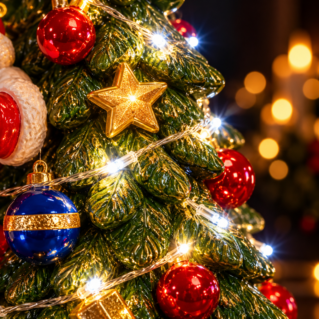 Decorazione natalizia mini albero con luci LED, stella dorata e palline