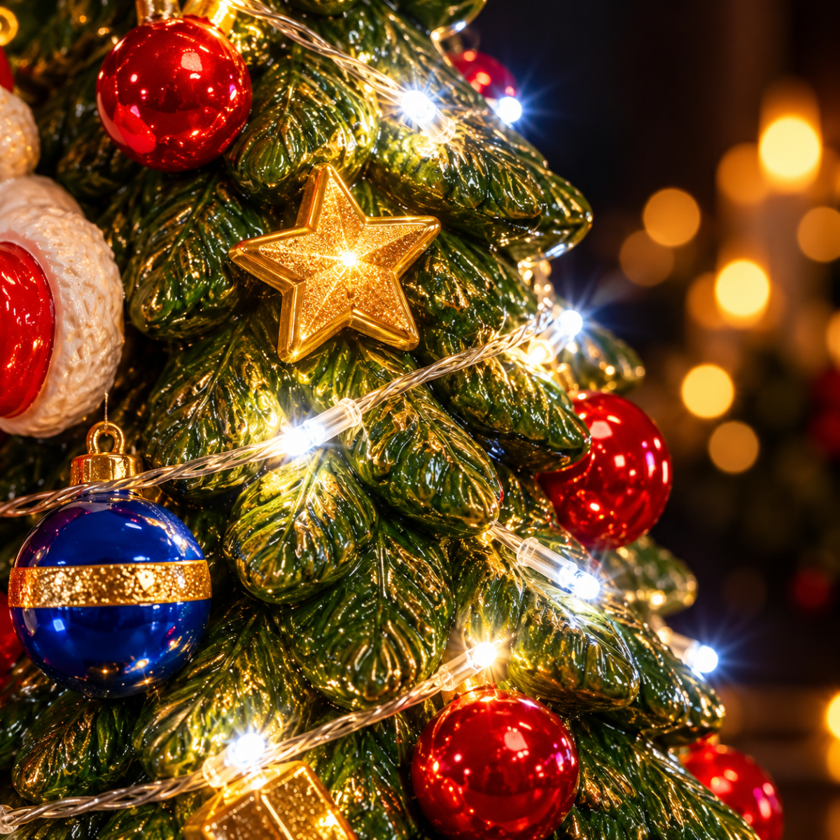 Decorazione natalizia mini albero con luci LED, stella dorata e palline