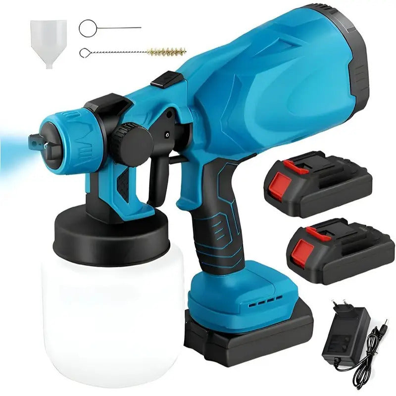 Pistola a spruzzo elettrica azzurra con serbatoio bianco e base nera, 2 batterie
