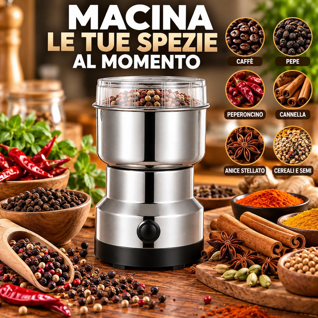 Macina caffè elettrico in acciaio inox con tramoggia trasparente e manopola
