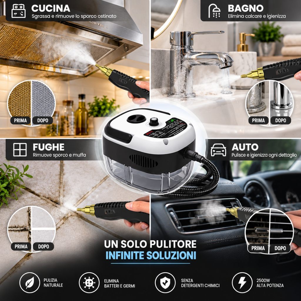 Pulitore a vapore professionale con pistola, vapore su superfici di cucina e bagno