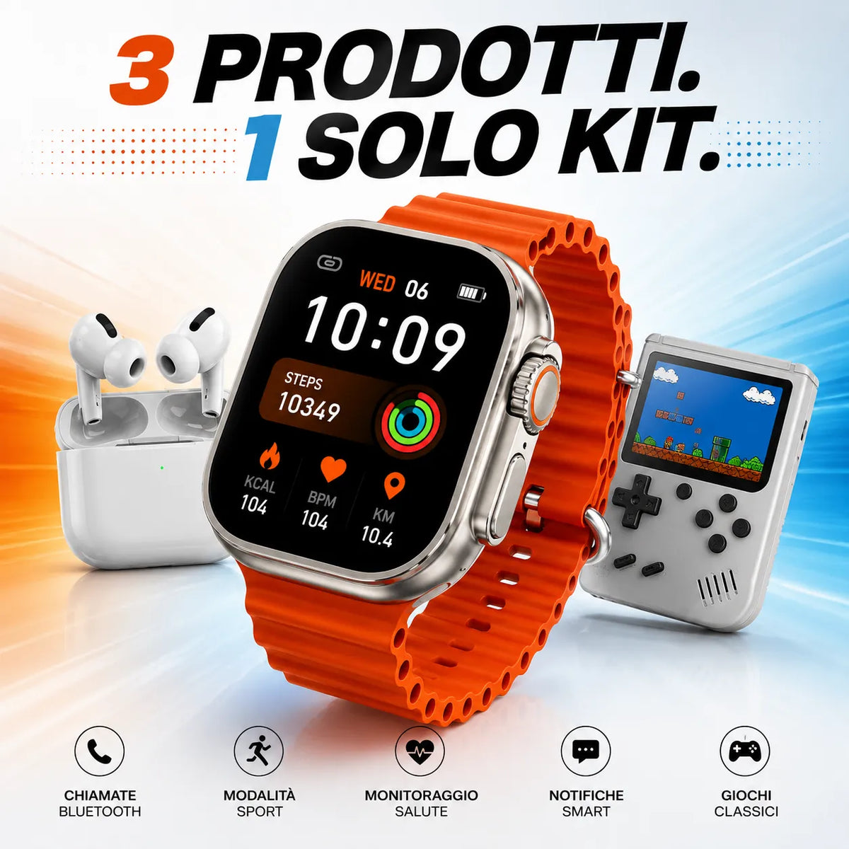 Kit unico con smartwatch arancione, auricolari TWS bianchi in custodia e mini console