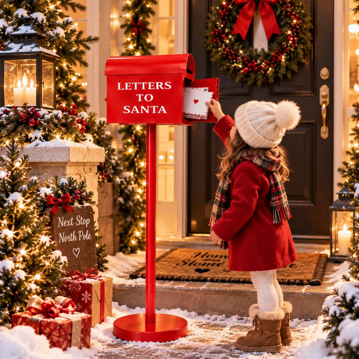 Cassetta postale natalizia rossa “LETTERS TO SANTA” con sportello su piedistallo rotondo