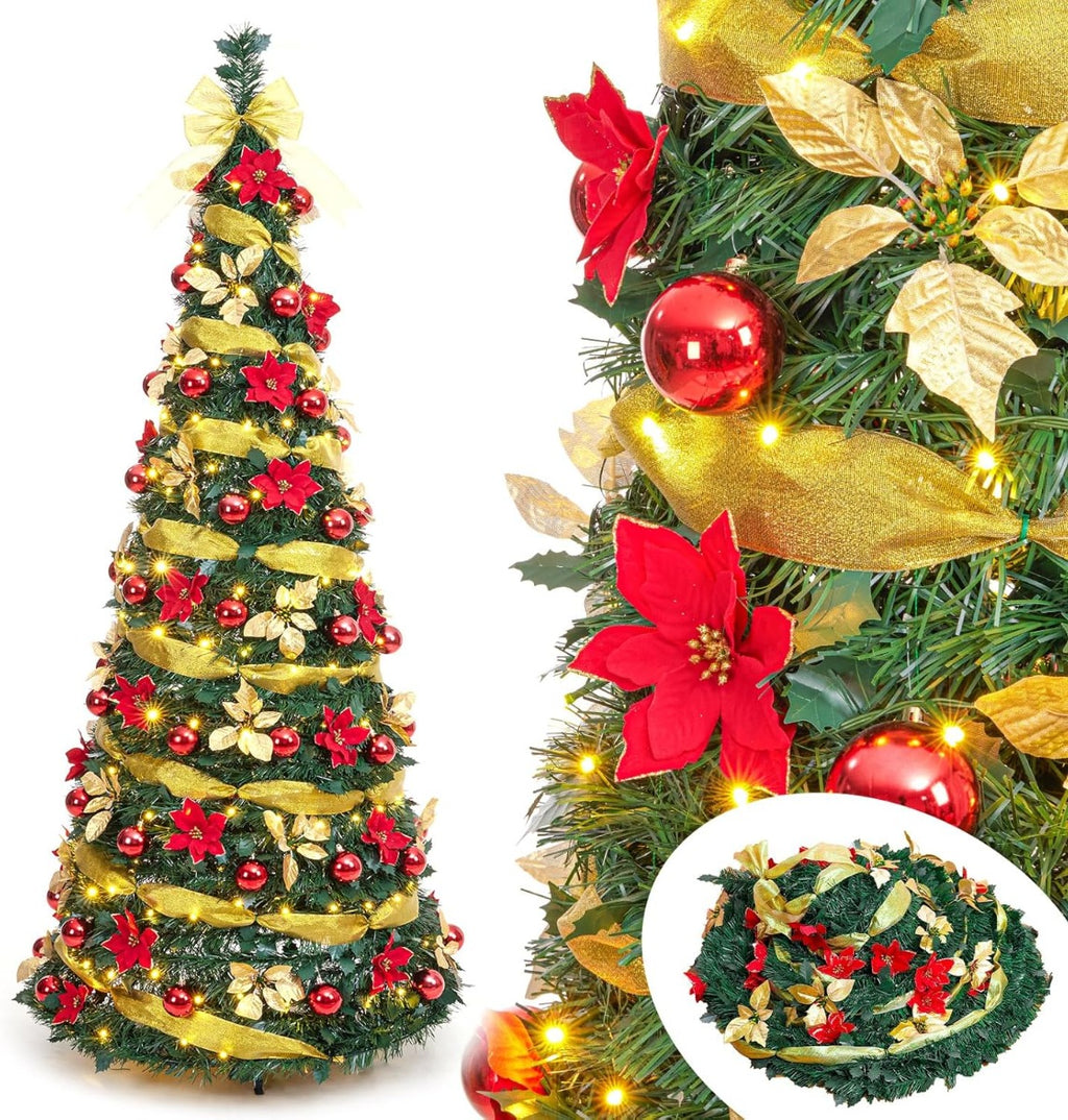 Albero di Natale pop-up preilluminato alto 180 cm, luci calde e decorazioni rosso-oro