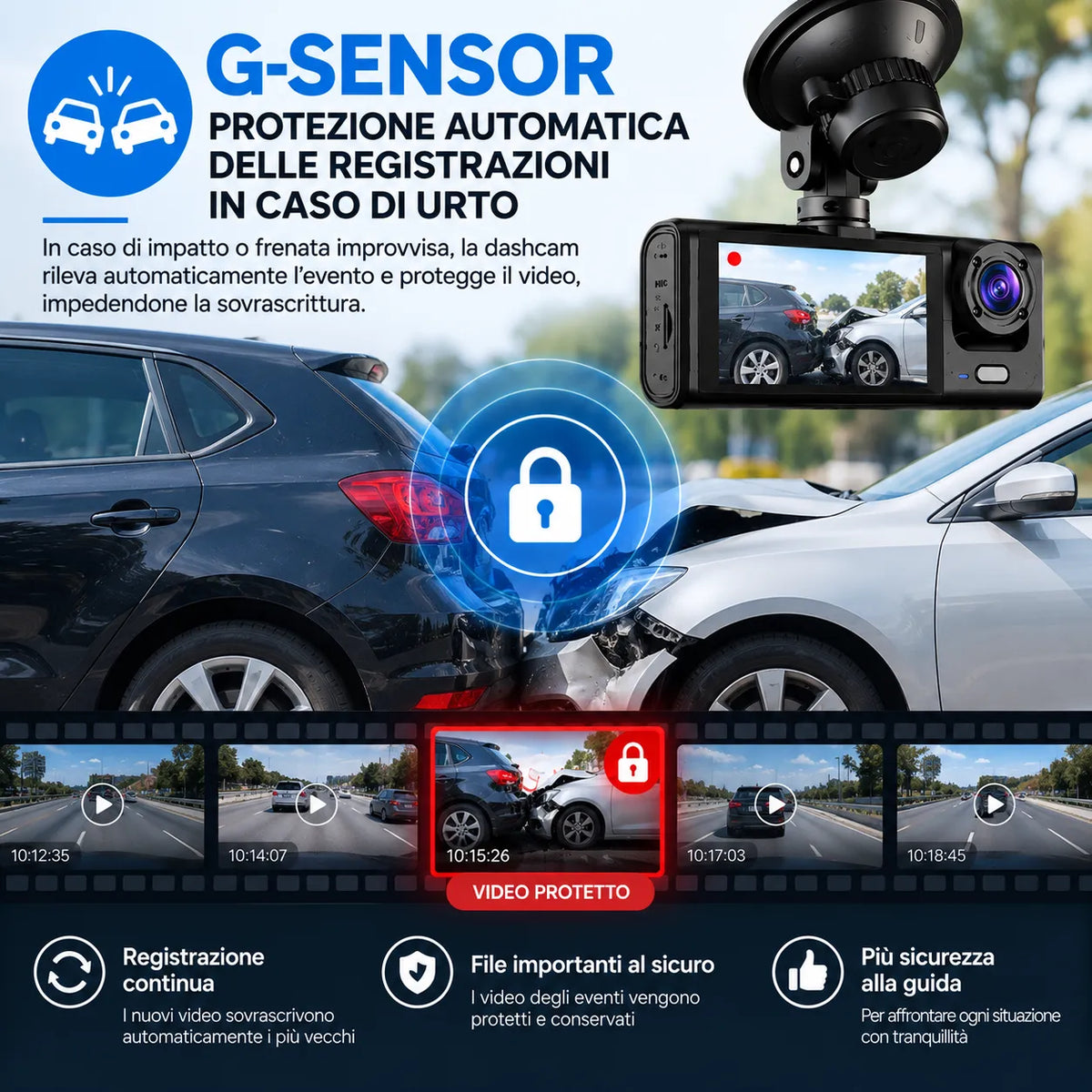 Dash cam auto Wi‑Fi con G‑sensor per protezione automatica delle registrazioni