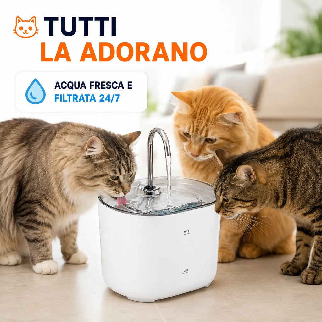 Fontana automatica bianca con beccuccio metallico e vasca trasparente tonda