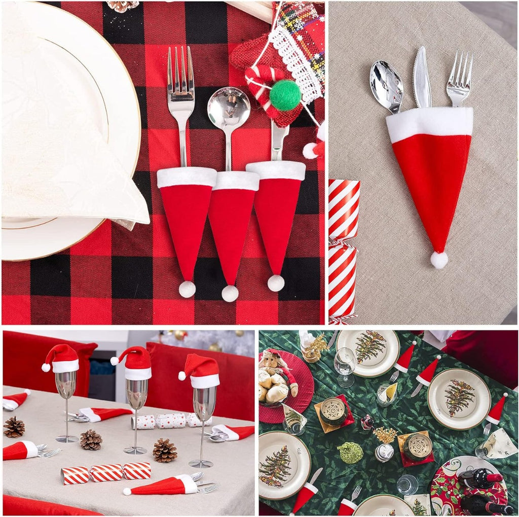 Mini cappelli Babbo Natale per portaposate: rossi con bordo bianco, pon pon, su forchette e cucchiai.
