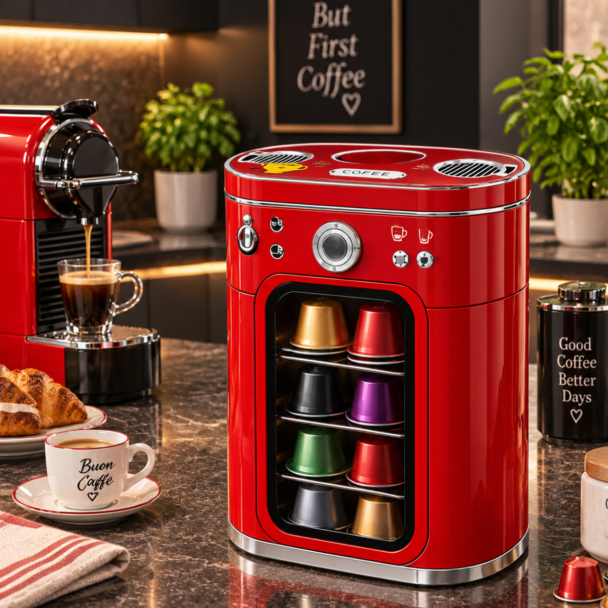 Contenitore porta capsule caffè vintage rosso, finestra con capsule colorate