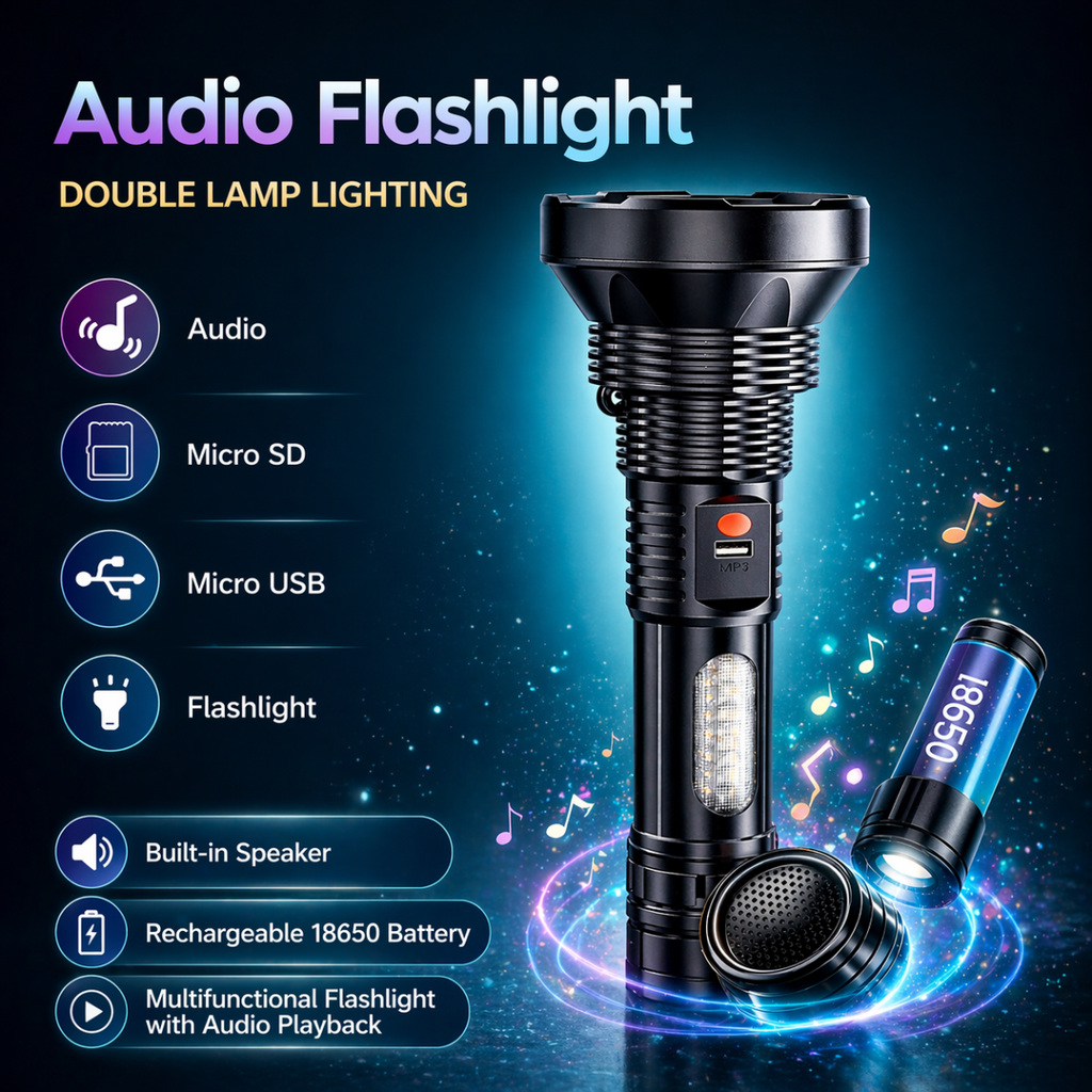 Torcia LED Ricaricabile con Speaker Bluetooth Integrato – Luce Potente + Musica | Micro SD | USB | Multifunzione Outdoor