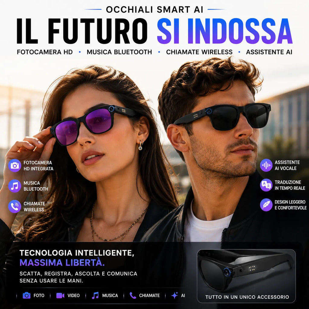 Occhiali smart AI con lenti viola e montatura nera con moduli laterali blu