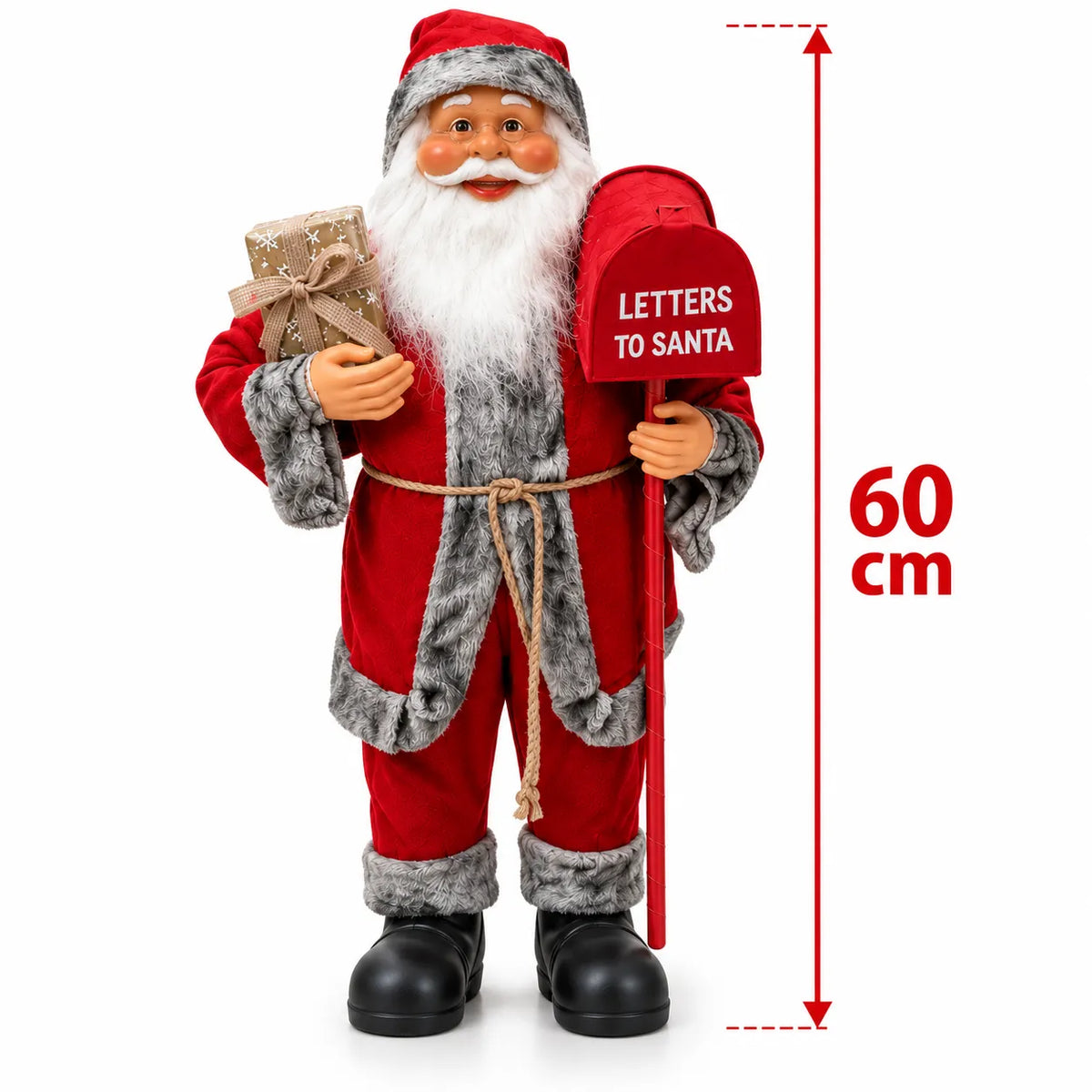 Babbo Natale alto 60 cm in rosso e grigio con casetta postale “LETTERS TO SANTA”