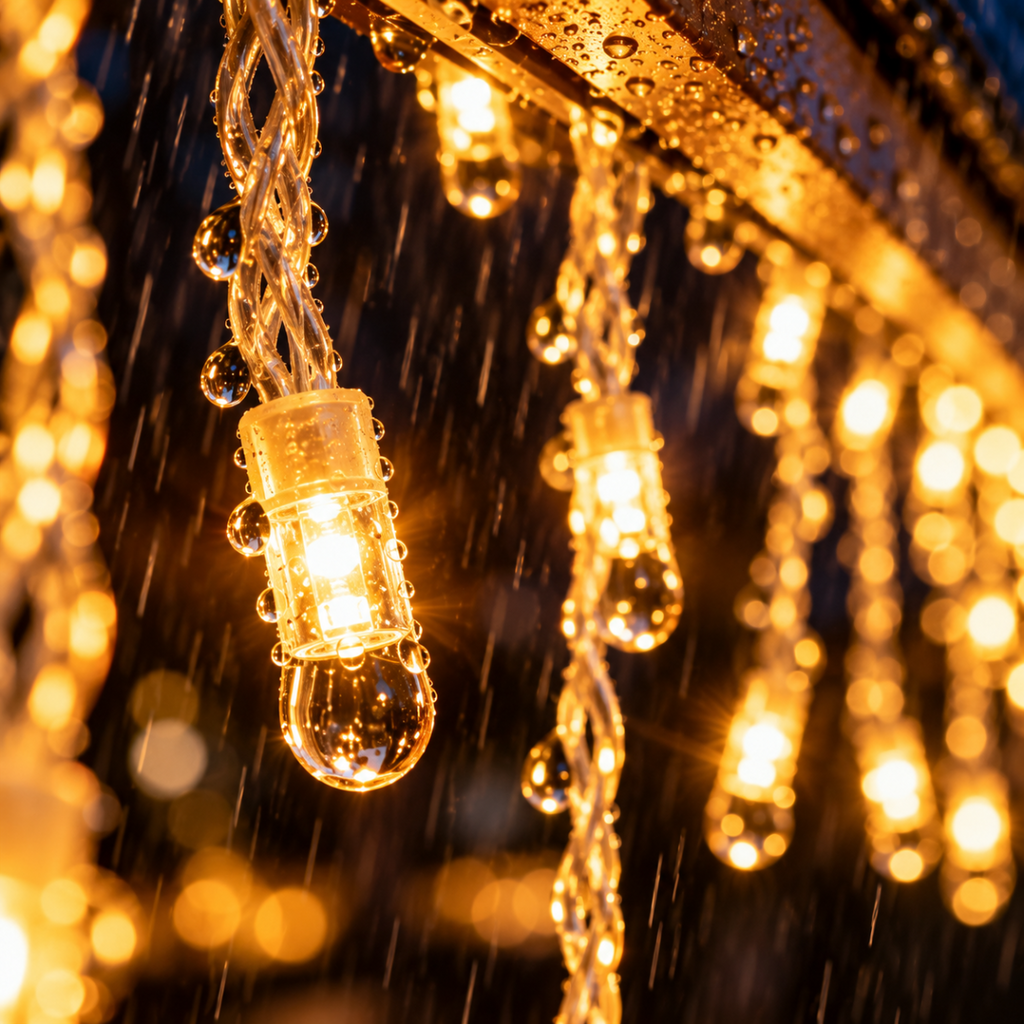 Tenda luminosa natalizia a pioggia: lampadine LED bianco caldo con fili luminosi.