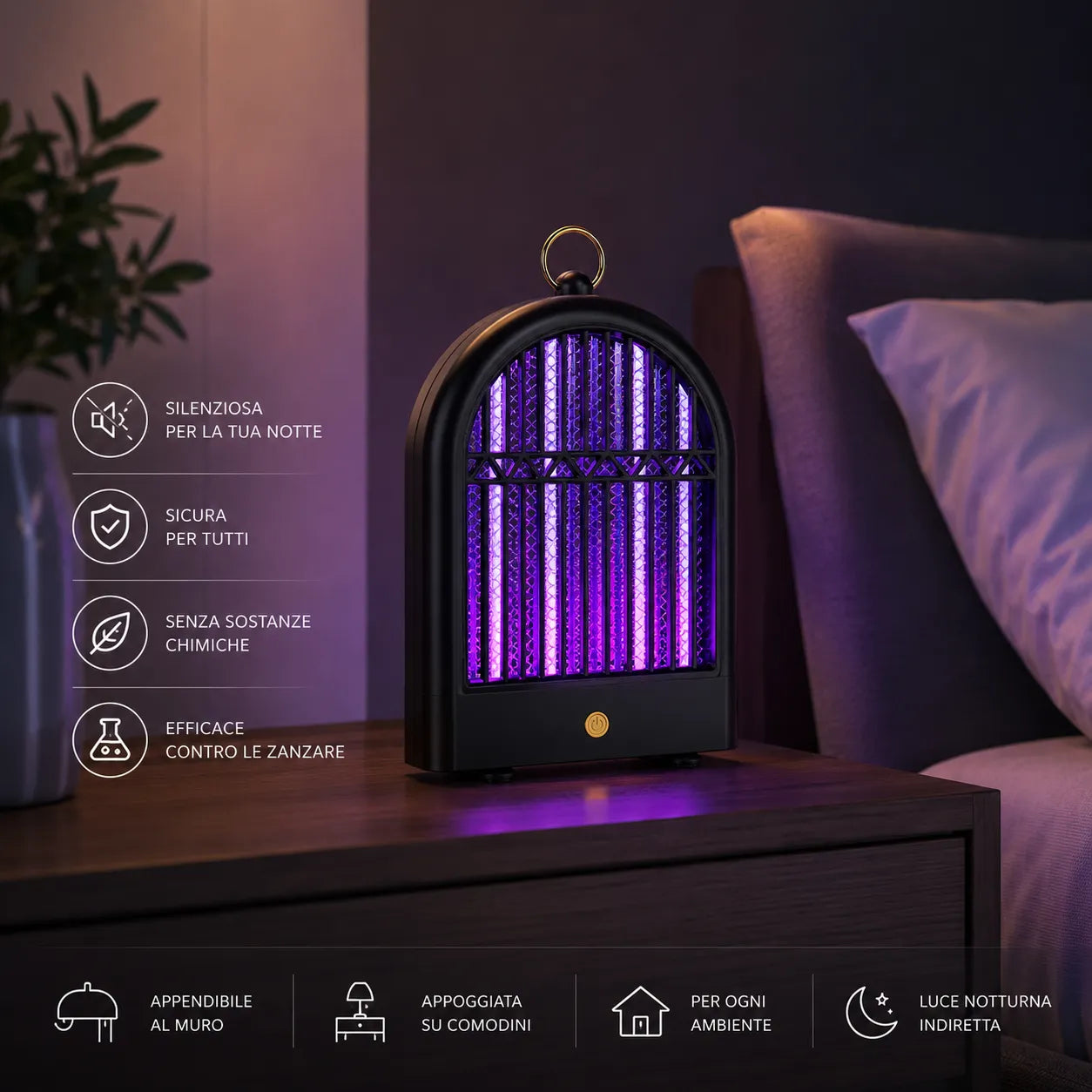 Lampada Insetticida LED UV Ricaricabile USB 2 Modalità Anti Zanzare Mosche da Appendere