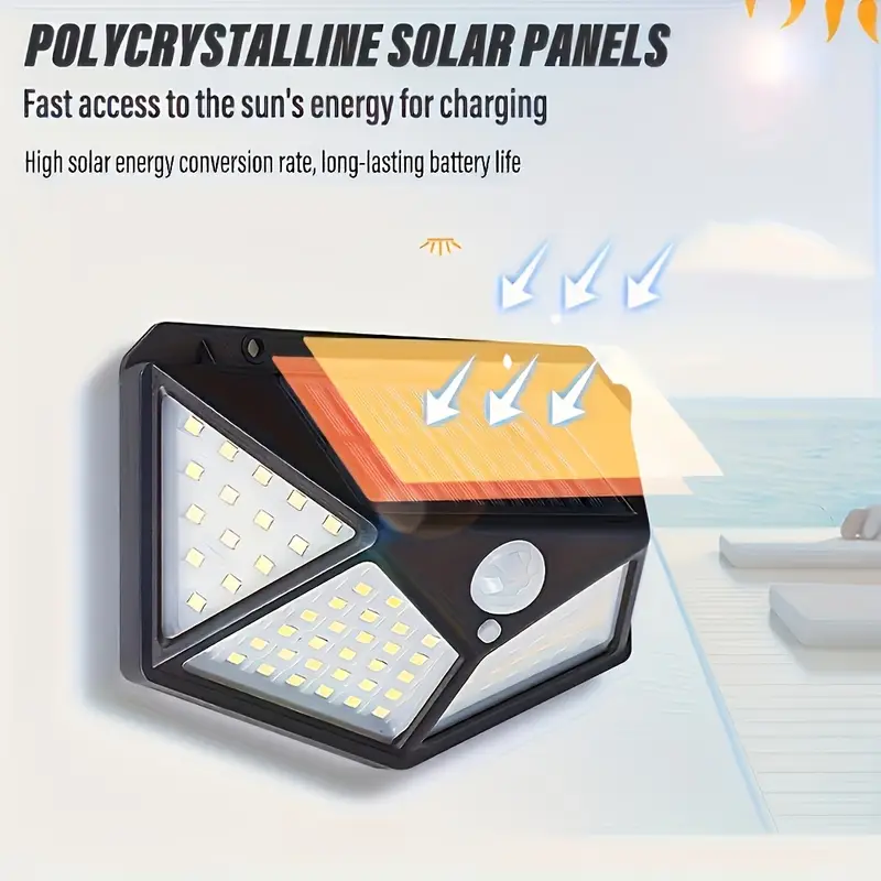 Luce solare LED con sensore movimento, pannello solare e LED bianchi su corpo nero