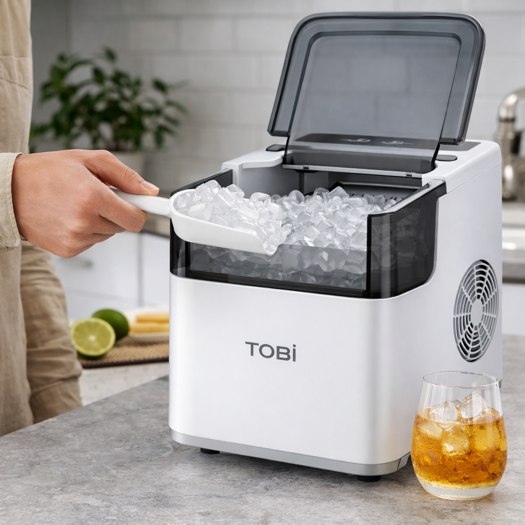 Macchina del ghiaccio automatica TOBI bianca con sportello aperto e cubetti nel vassoio