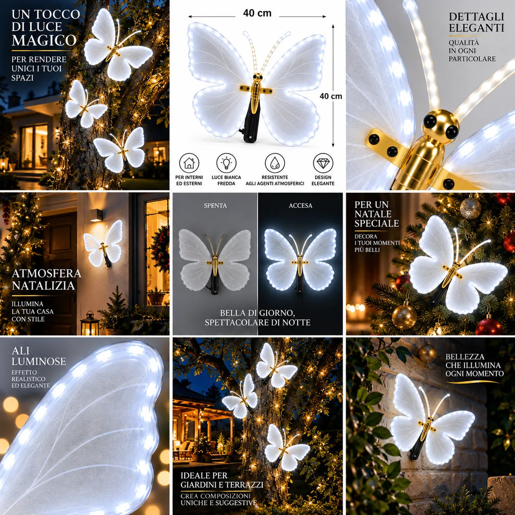 Decorazione natalizia a farfalla LED bianca fredda, 40 cm; ali traslucide, corpo dorato, base nera