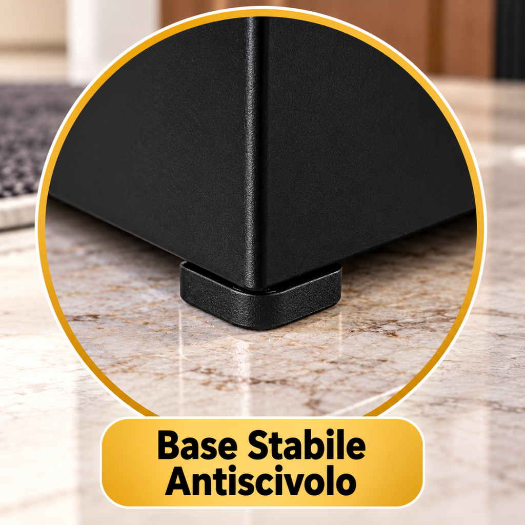 Portaombrelli nero in ferro con base stabile antiscivolo e piedino inferiore.