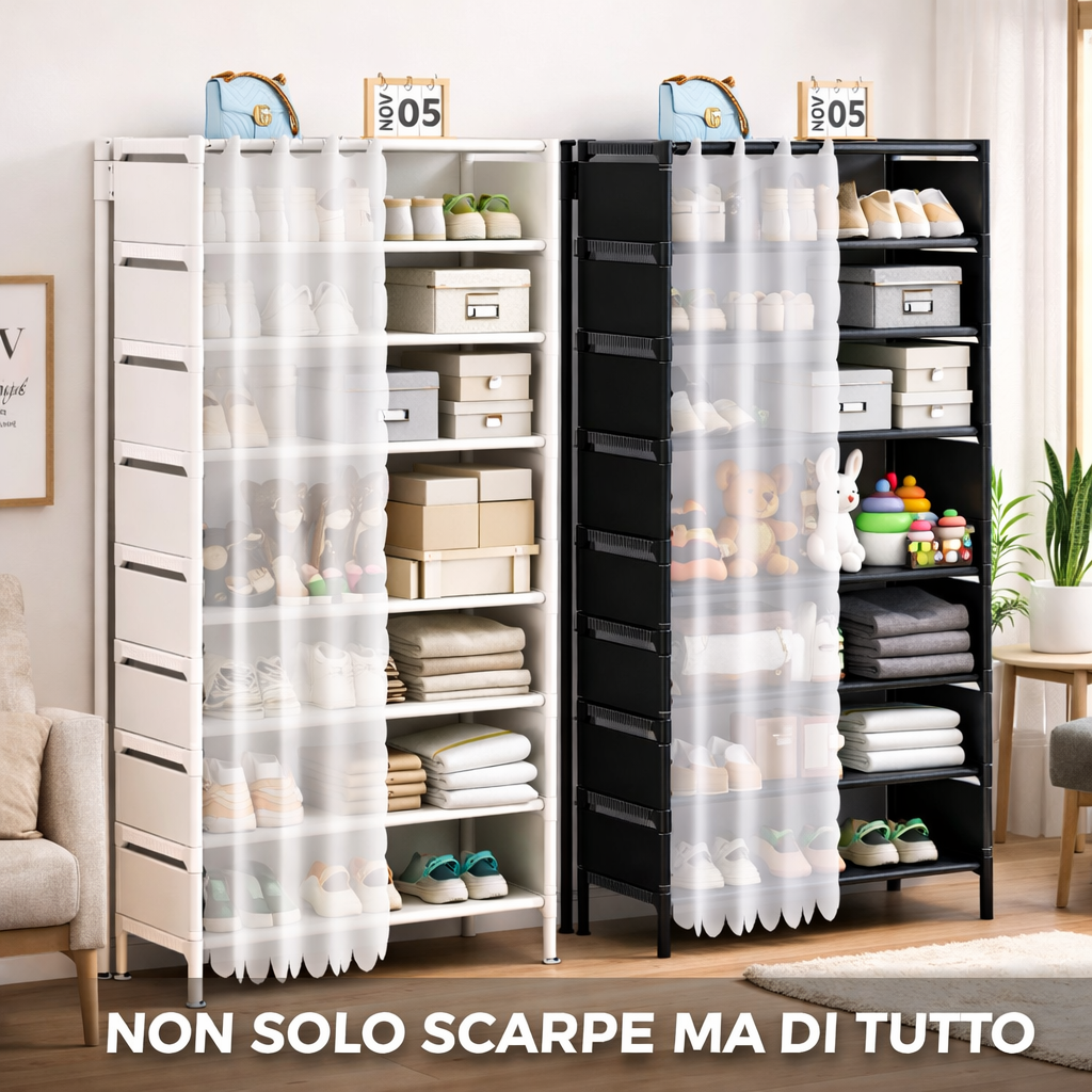 Scarpiera a 7 ripiani bianca con tenda copripolvere, ripiani e cassetti portaoggetti