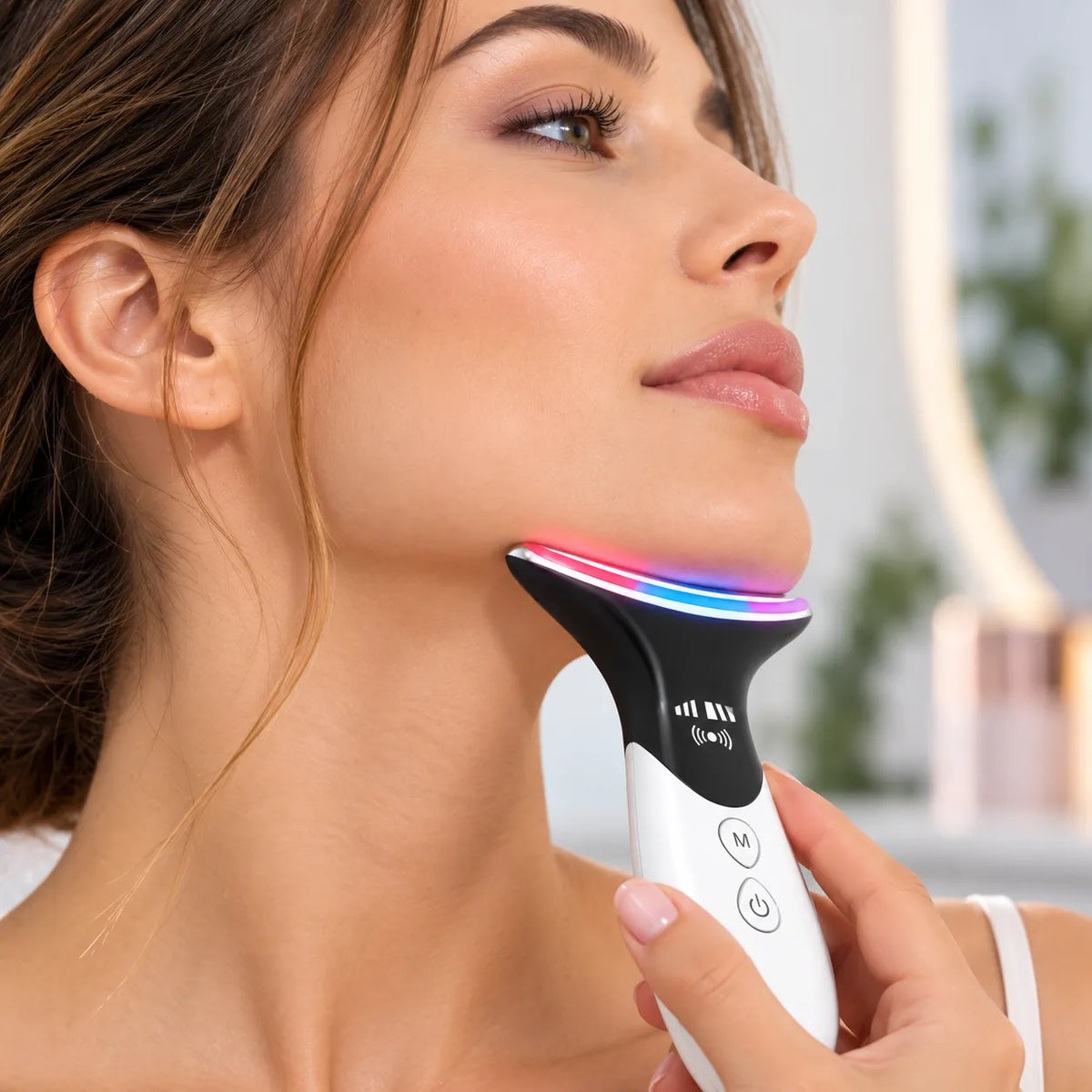 Massaggiatore viso e collo LED ricaricabile con testina curva luminosa e pulsanti