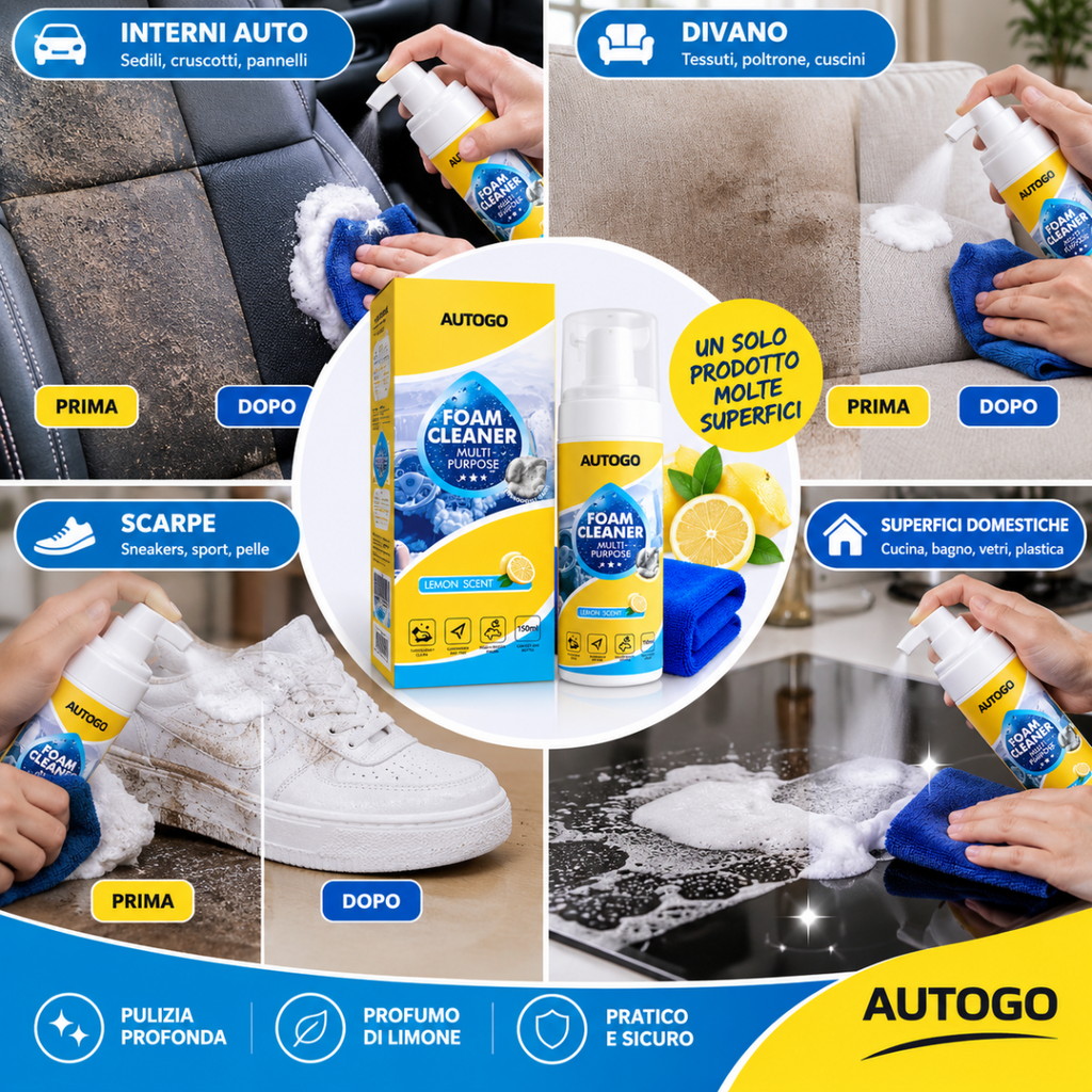 Flacone spray detergente schiuma AUTOGO al limone con spugna e panno in microfibra