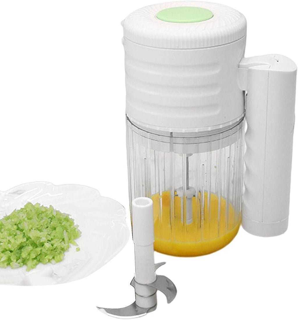 Mini mixer ricaricabile bianco con contenitore trasparente e lame per frullare