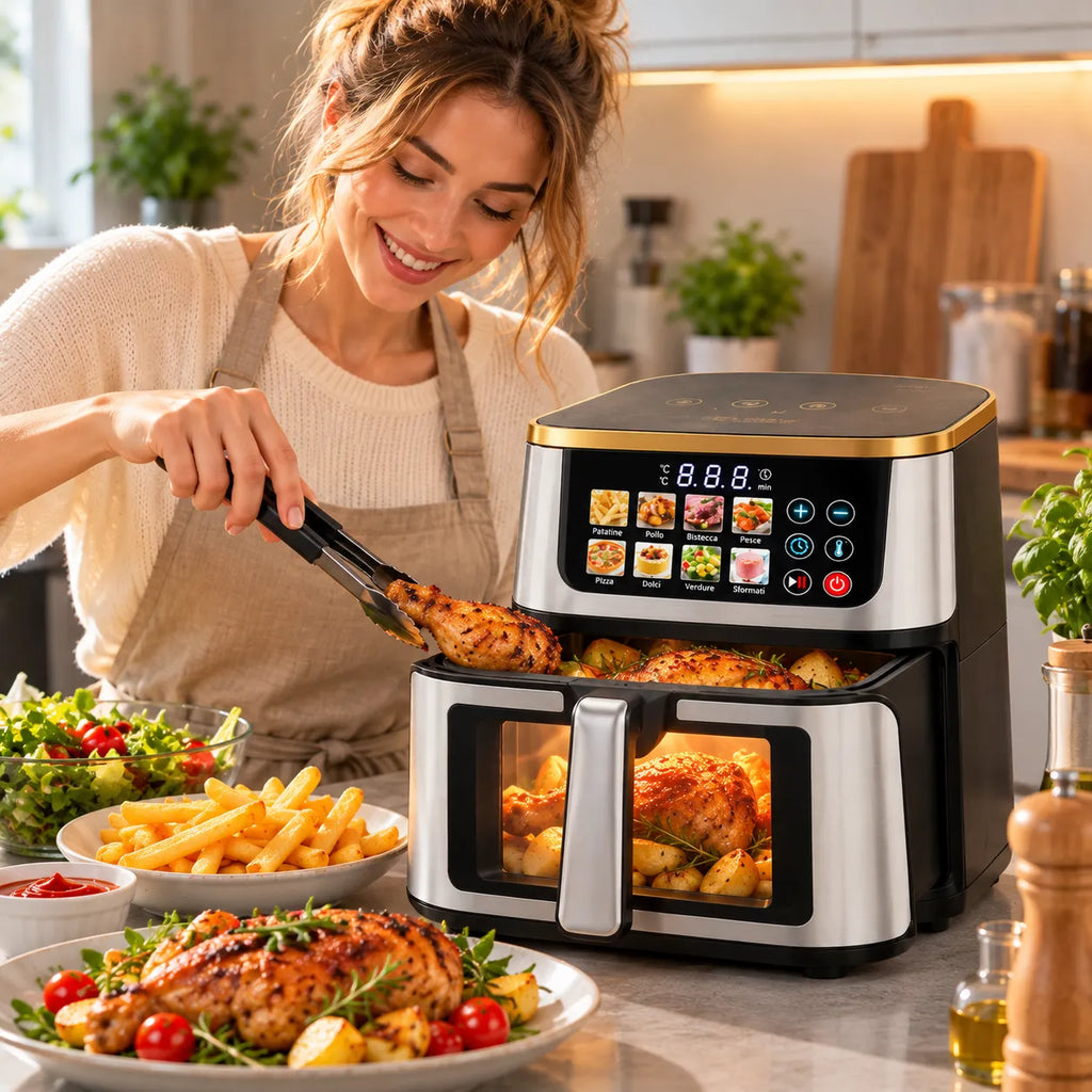 Friggitrice ad aria da 15 L con sportello aperto e griglia interna per pollo e patatine